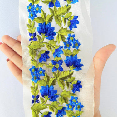 Gold Sheer Tissue Fabric Trim With Embroidered Turquoise / Red / Dark Blue / Pink / Blue / Orange & Green Flowers,